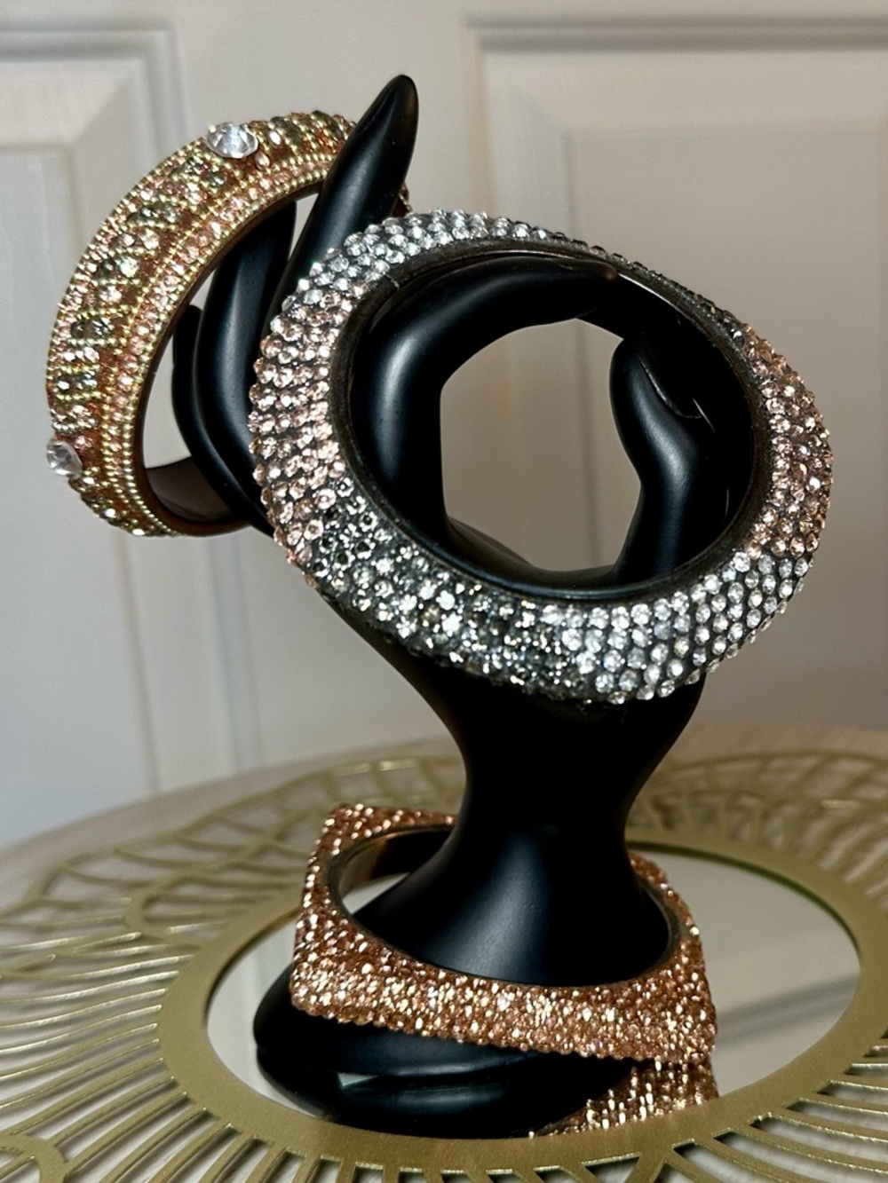 3 Piece Crystal Bangle Bracelet Set Glam Stack Rose Gold Gunmetal Champagne